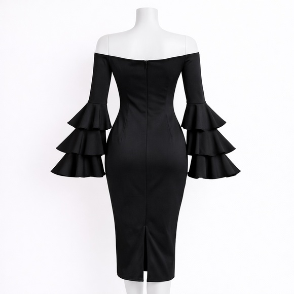 Symphony Black Off-Shoulder Midi Dress with Tiered Ruffle Sleeves - Picture 4 of 7